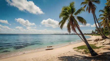 Tropical beach with palm trees and blue sky with white cloudsの写真素材