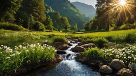 Beautiful summer landscape. Mountain river with green grass and wildflowers at sunsetの写真素材