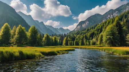 Panorama of the mountain river in the Altai Republic, Russia