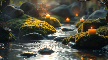 Burning candles on a rock in a garden with reflection in waterの写真素材
