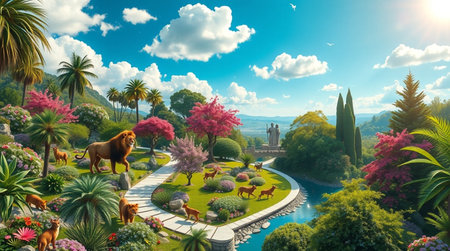 3d render of a fantasy landscape with a lion in the gardenの写真素材