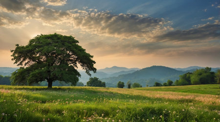 Tree in the meadow at sunset with mountains in the background.