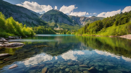 Panoramic view of idyllic alpine lake in mountains.の写真素材