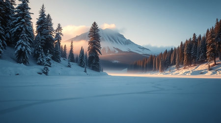 Beautiful winter landscape with frozen lake and snow-capped mountainの写真素材
