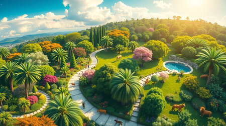 Aerial view of a beautiful garden with trees and flowers. Beautiful summer landscape.の写真素材