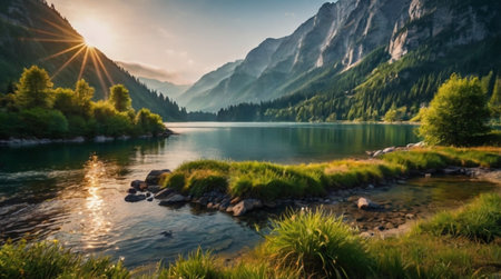 Mountain lake in the Dolomites at sunrise, Italy.