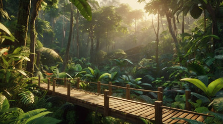 Wooden bridge in the tropical garden with sunlight and lens flare.