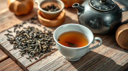 Cup of tea and teapot on wooden table, closeupの写真素材