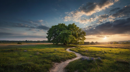Beautiful summer landscape with green meadow and big tree at sunsetの写真素材