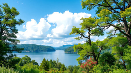 Beautiful summer landscape with lake and mountains. Panoramic view.の写真素材