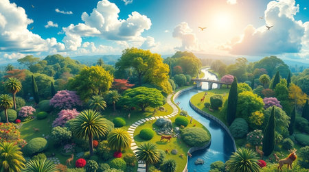 Aerial view of beautiful garden at sunset. Panoramic view of the park.の写真素材