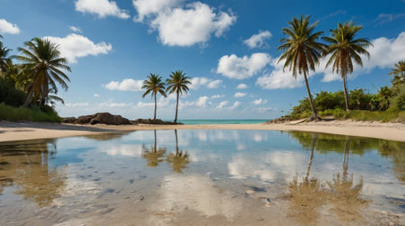 Panoramic view of a tropical beach with palm trees and sandの写真素材