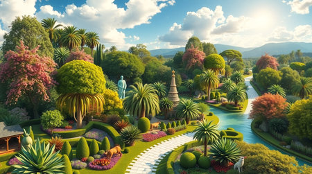 3d render of fantasy garden with trees, grass and flowers.の写真素材