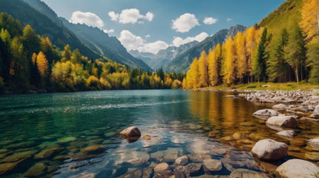 Panoramic view of the mountain lake in autumn. Beautiful landscape with a mountain lake.