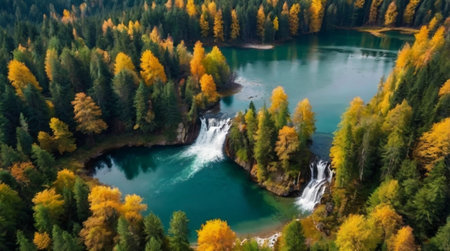 Aerial view of waterfall in autumn forest.の写真素材