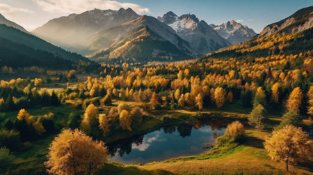 Aerial panoramic view of autumnal alpine landscape with lake and snowcapped mountains.の写真素材