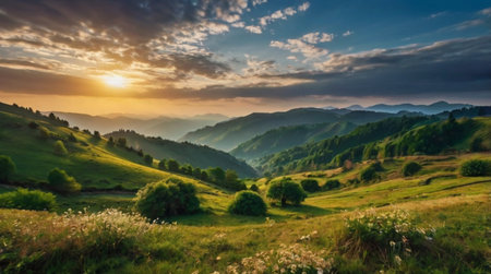 Beautiful summer landscape. Sunrise in the mountains. Carpathians, Ukraine, Europeの写真素材
