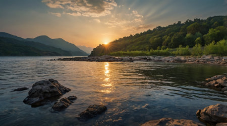 Sunset on the mountain river. Nature composition. Panorama.の写真素材