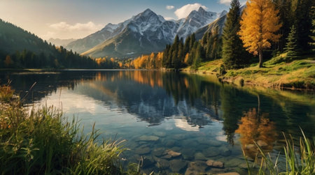 panoramic view of autumn alpine lake with reflection of mountainsの写真素材