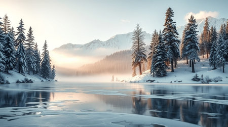 Fantastic winter landscape with frozen lake and coniferous forestの写真素材