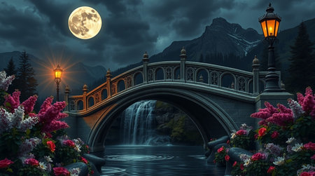 bridge in the mountains at night with full moon, 3d renderの写真素材