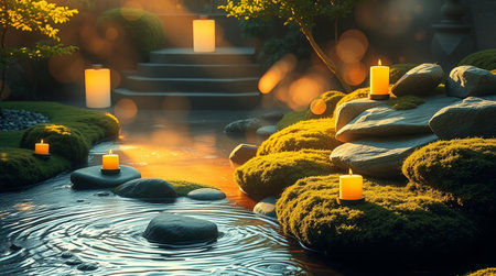 3d rendering of a beautiful Japanese garden with a pond with candlesの写真素材