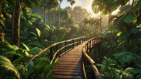 Wooden walkway in the jungle with sunlight in the morning.の写真素材