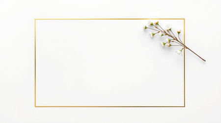 Creative flat lay top view of spring white cherry blossom twig and golden frame on white background with copy space. Template mockup greeting card or wedding invitation designの写真素材