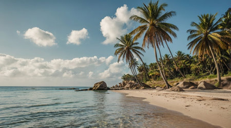 Panoramic view of a tropical beach with palm trees and sandの写真素材