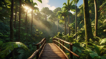 Wooden walkway in the tropical rainforest with sunbeams