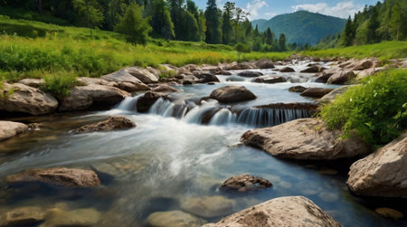 Mountain river in the Carpathian mountains, Ukraine. Panorama.