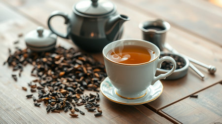 Cup of black tea and teapot on wooden table, closeupの写真素材