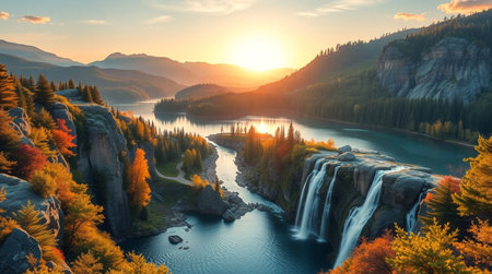 Autumn landscape with lake and waterfall at sunset. 3d rendering