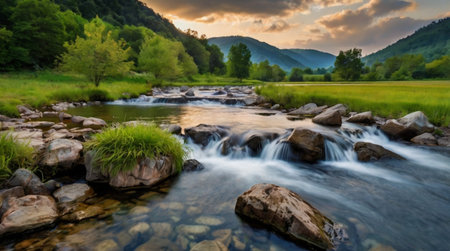 Long exposure of a mountain river flowing through a green meadow at sunset