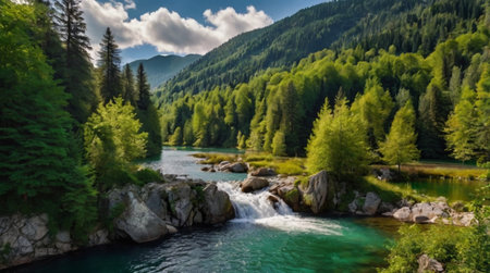 Panoramic view of the mountain river in the Altai Republicの写真素材