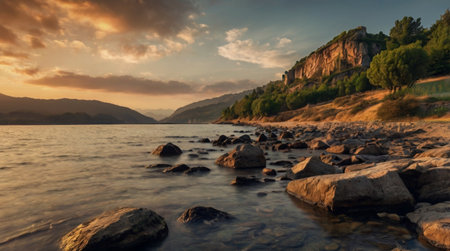Panoramic view of a mountain lake with rocks at sunset.の写真素材
