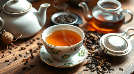Cup of tea and teapot on wooden table, closeup