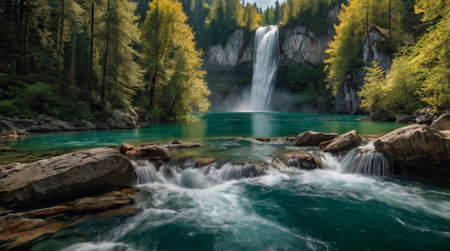 Beautiful waterfall in the mountains. Waterfall in the forest.の写真素材