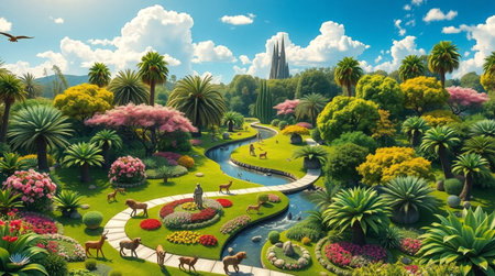 3D rendering of a beautiful botanical garden with flowers and plants.の写真素材