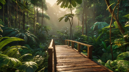 Wooden walkway in the tropical rainforest with sunlight and fogの写真素材