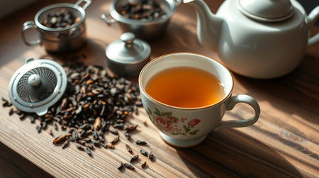 Cup of tea and teapot on wooden table, closeupの写真素材