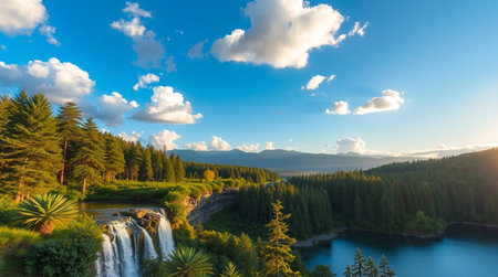 Panoramic view of turquoise waterfalls