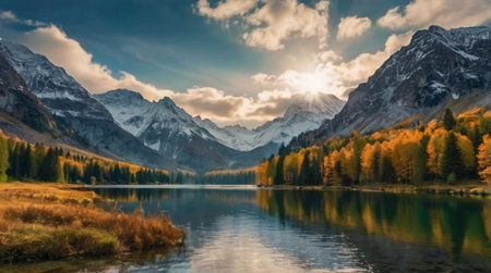 Autumn alpine lake with reflection of mountains and clouds in the waterの写真素材