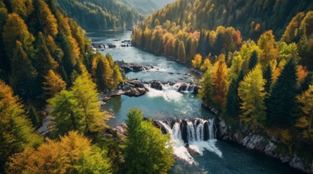 Aerial view of a waterfall in the autumn forest. Beautiful mountain landscape.の写真素材
