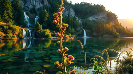 Beautiful alpine lake and waterfall at sunrise. Dolomites, Italy