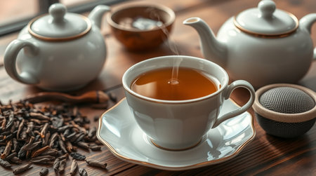 Cup of tea and teapot on wooden table, closeupの写真素材