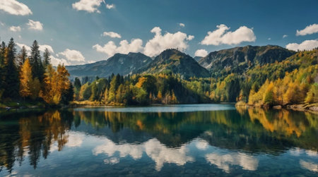 Panoramic view of alpine lake in autumn