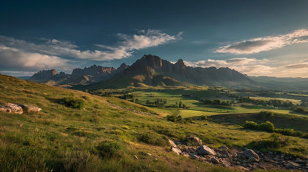 Panoramic view of mountains at sunriseの写真素材
