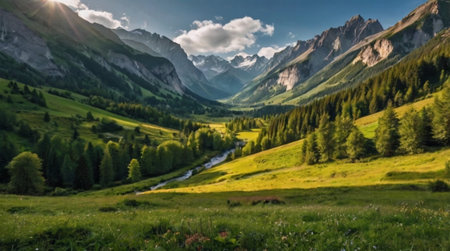 Landscape with mountains, meadows and river in Dolomites, Italyの写真素材