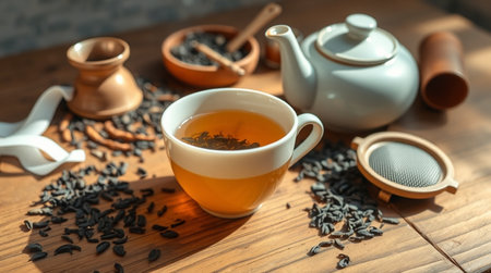 Cup of tea and teapot on wooden table, closeupの写真素材